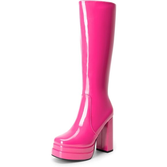 ⚡Women's Hot Pink Faux Leather Platform Heeled Knee High Long Chunky Tall Boot - Picture 1 of 7